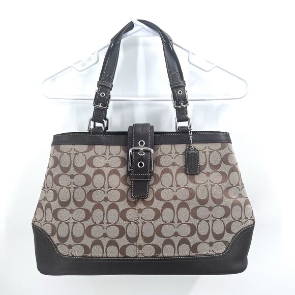 Coach Hampton Shoulder Handbag Purse Brown Signature C Jacquard & Leather - Picture 1 of 13